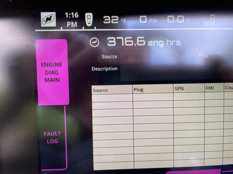 Slide: The Image of Display screen of 2019 Nautique Super Air Nautique G25 showing engine diagnostics and fault log. - 14