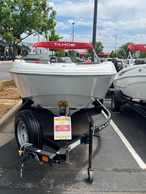 Slide: The Image of 2023 Tahoe T18 boat on trailer, priced at $27,000, displayed outdoors. - 3
