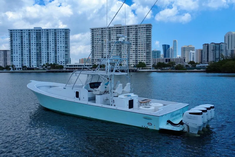 Slide: The Image of 2017 Chesapeake 53 Center Console boat on water with city skyline background. - 9