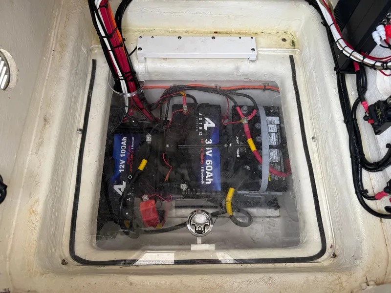 Slide: The Image of Battery compartment of 2023 Pathfinder 2500 Hybrid, showcasing wiring and battery setup. - 20