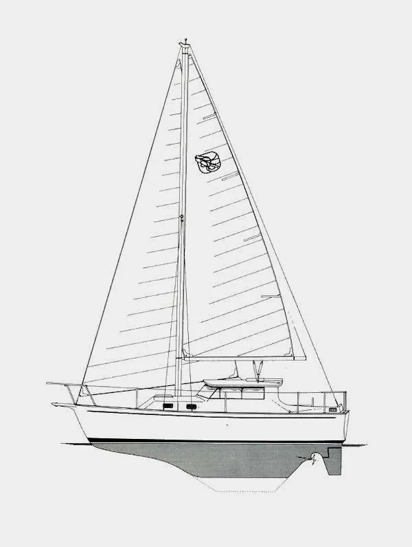 Slide: The Image of Line drawing of a 1977 Bombay Express sailboat with detailed rigging and hull design. - 2