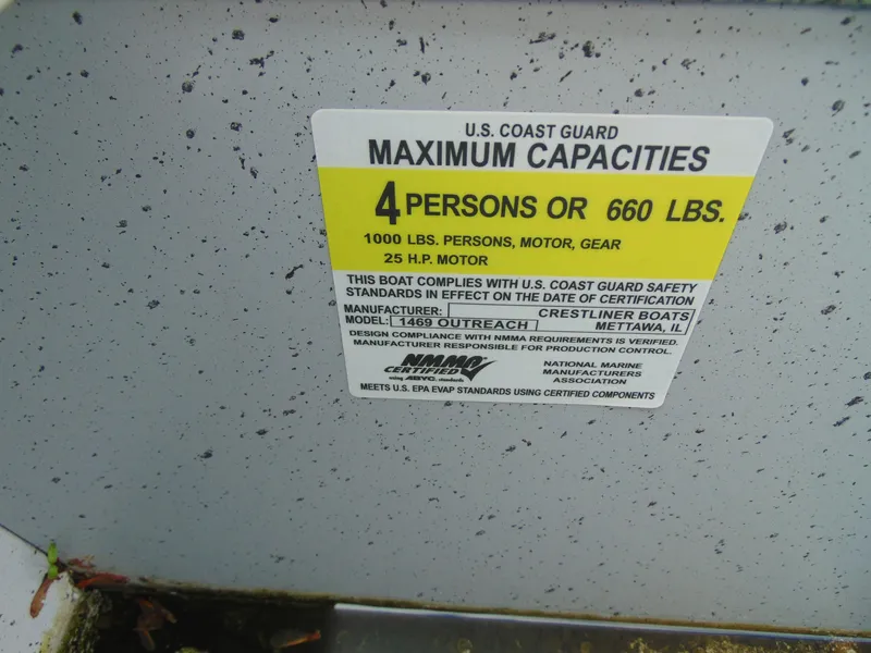 Slide: The Image of 2024 Crestliner 1469 Outreach capacity label: 4 persons or 660 lbs, 25 HP motor. - 10