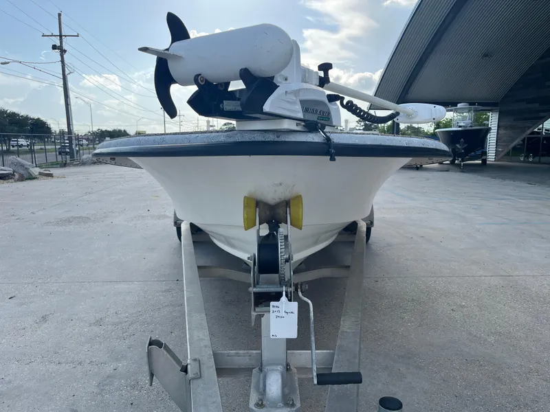 Slide: The Image of 2013 Haynie 24 HO boat on trailer, front view with trolling motor. - 3