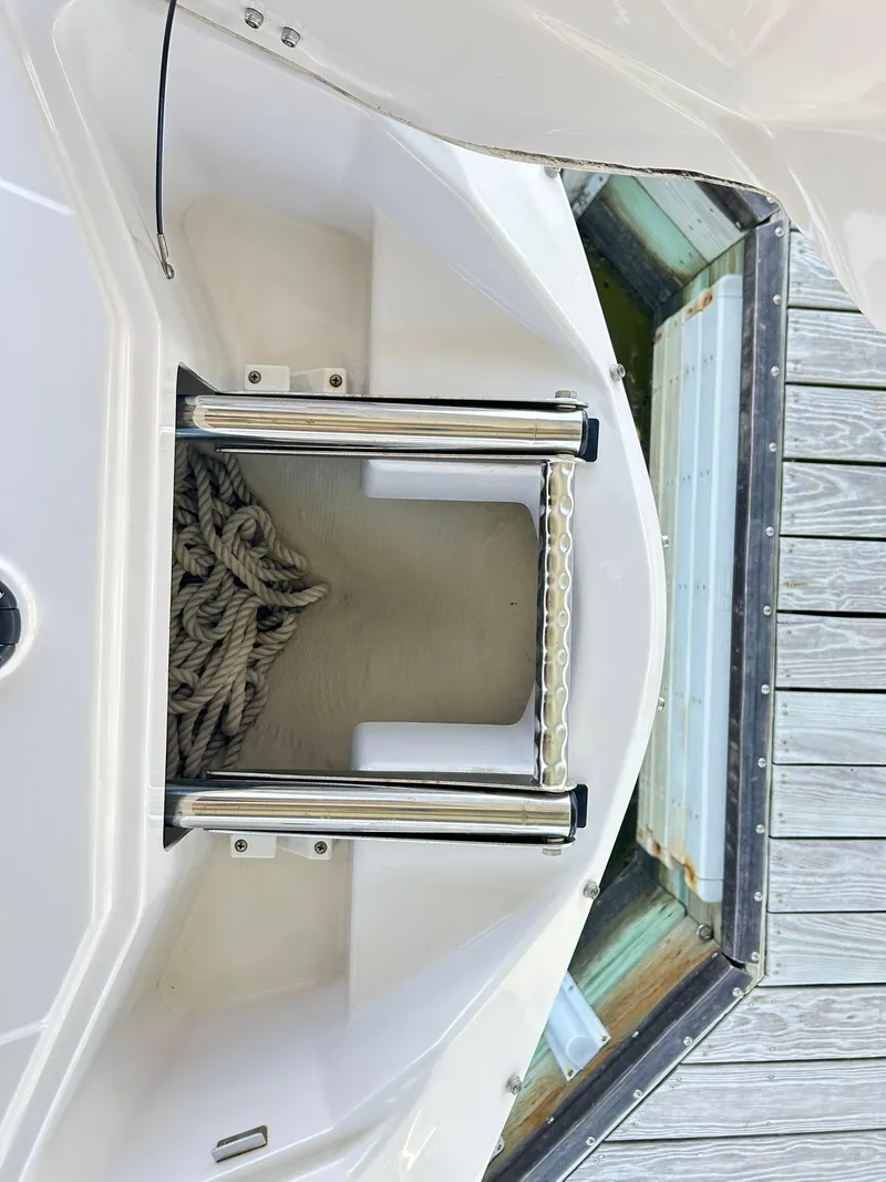 Slide: The Image of 2016 Scarab 255 H.O. Platinum boat ladder and storage compartment with rope. - 22
