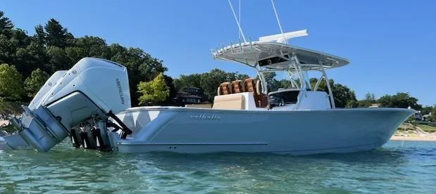 Slide: The Image of 2022 Valhalla Boatworks V-37 in water, side view, with twin outboard engines. - 3