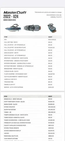 Slide: The Image of 2022 MasterCraft X24 boat specifications and pricing list with detailed features and options. - 26