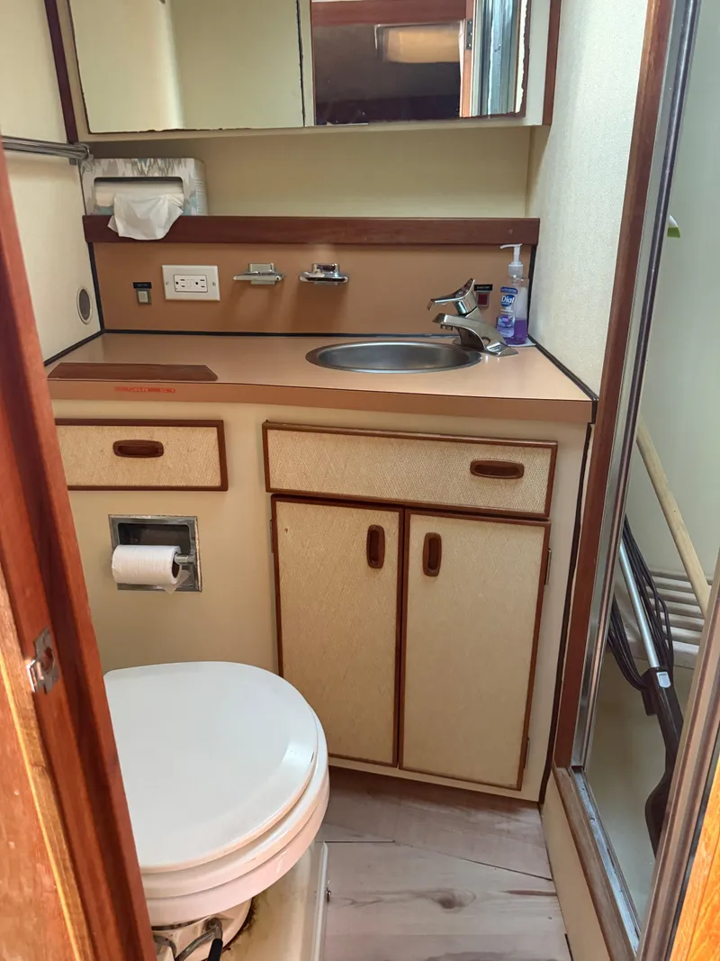 Slide: The Image of 1985 Trojan F36 bathroom with sink, toilet, and shower. Compact marine design. - 13