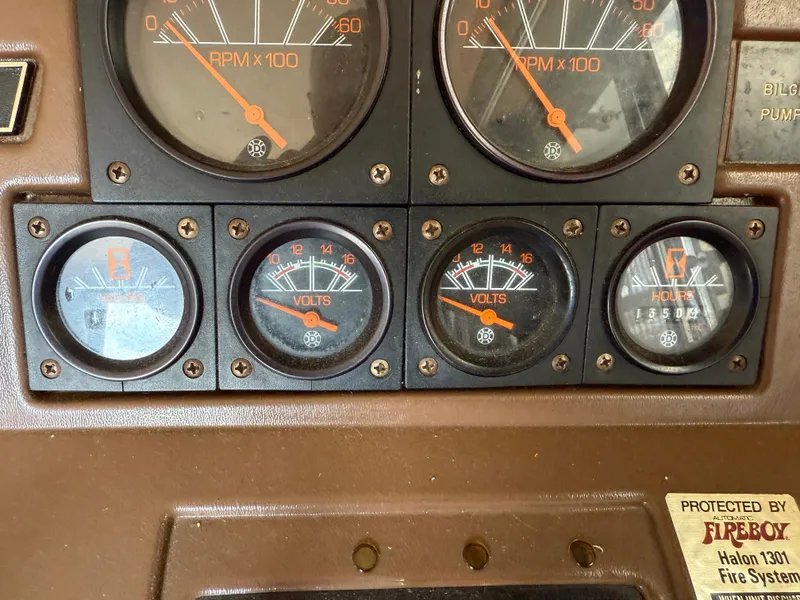 Slide: The Image of Dashboard of a 1985 Trojan F36 with RPM and voltage gauges. - 9