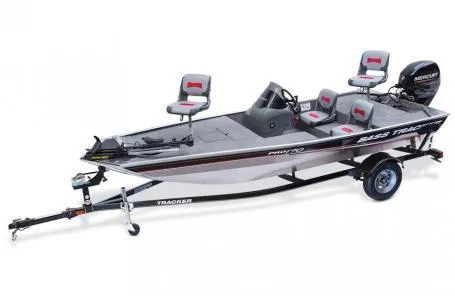 Slide: The Image of 2013 Tracker Pro 170 bass boat with trailer, featuring multiple seats and a Mercury outboard motor. - 3