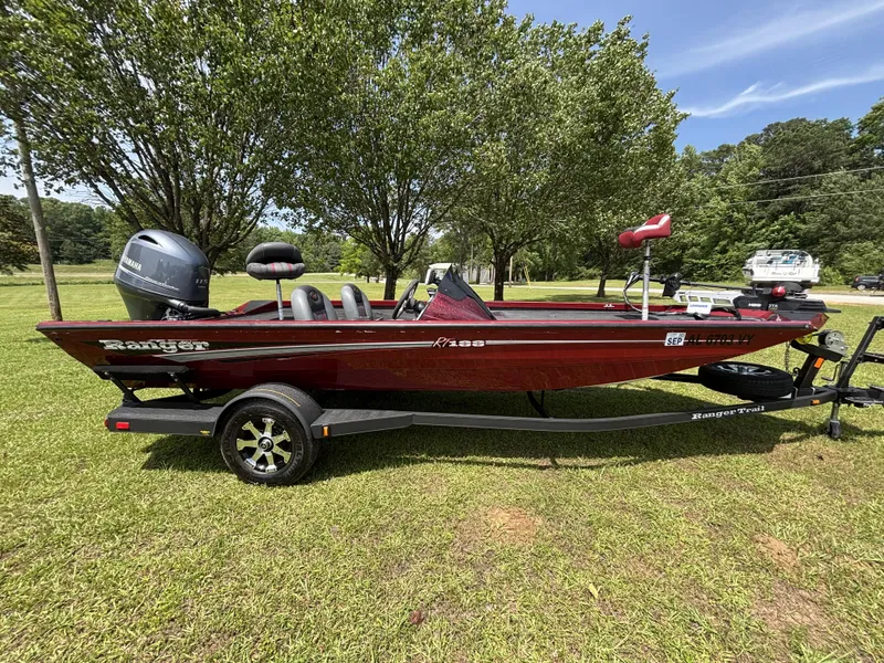 Slide: The Image of 2015 Ranger RT188 boat with Yamaha motor on trailer, parked on grassy area. - 1