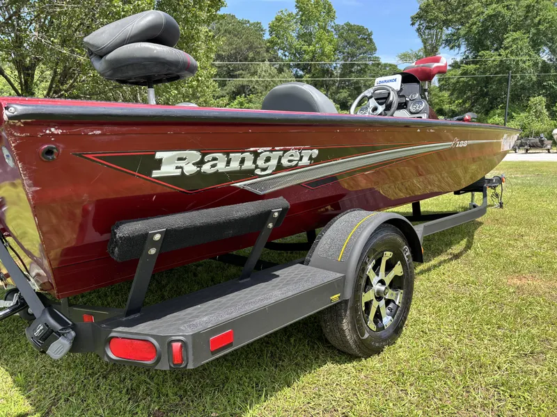 Slide: The Image of 2015 Ranger RT188 boat on trailer, red color, parked on grass. - 6