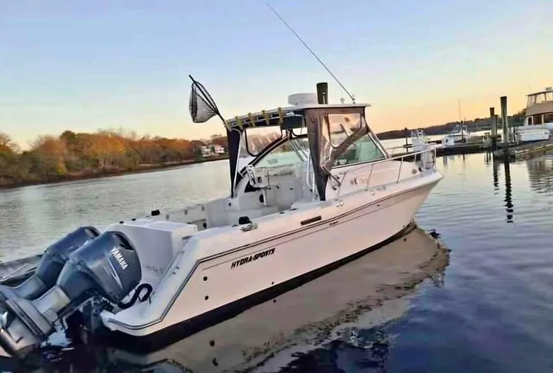 The Image of 1998 Hydra-Sports 3100 25th Anniversary boat on calm water at sunset. - 1