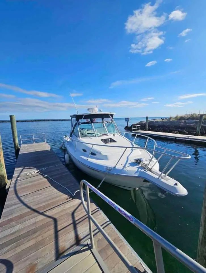 Slide: The Image of 1998 Hydra-Sports 3100 25th Anniversary boat docked on a sunny day. - 3