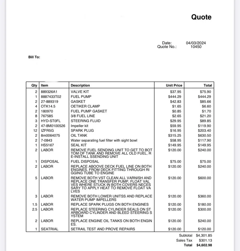 Slide: The Image of Quote for Baja 250 Sportfish 2004, detailing parts, labor, and total costs. - 24