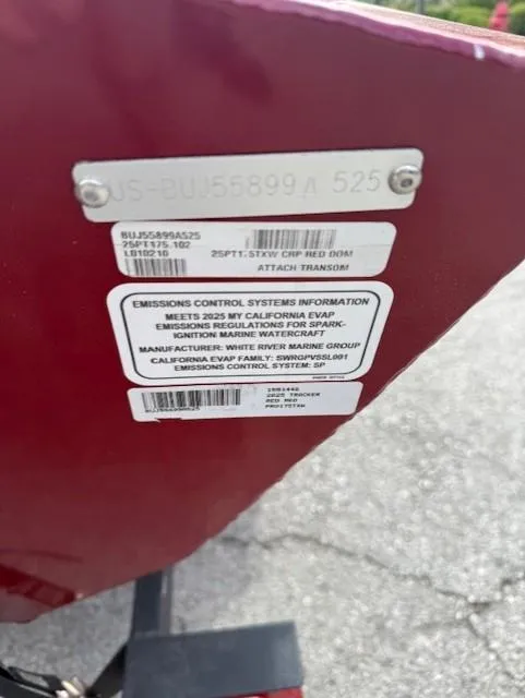 Slide: The Image of 2025 Tracker Pro Team 175 emissions control label on red surface, displaying compliance information. - 3