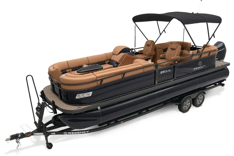 Slide: The Image of 2025 Regency 250 LE3 pontoon boat on trailer, parked outdoors. - 2