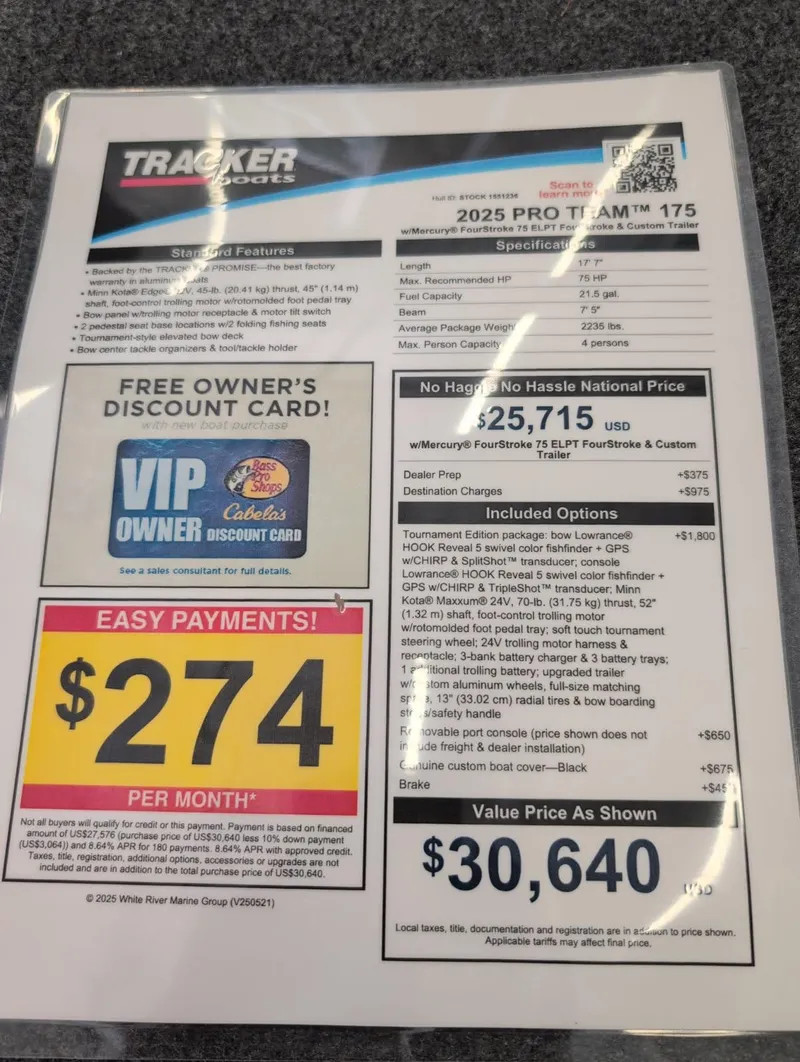 Slide: The Image of 2025 Tracker Pro Team 175 pricing sheet with financing options and discount offers. - 3