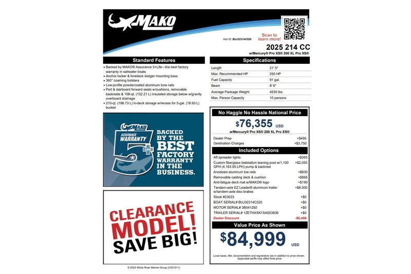 Slide: The Image of 2025 Mako 214 Center Console boat features, pricing, and warranty details. - 64