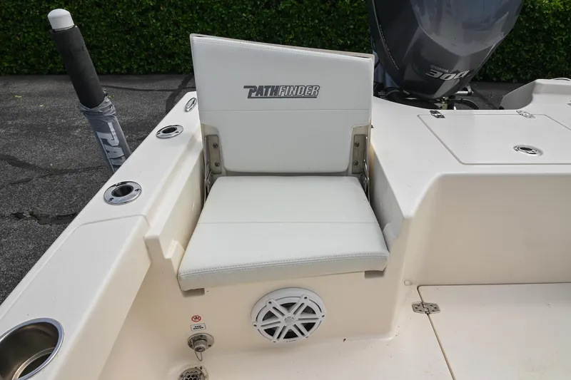 Slide: The Image of 2021 Pathfinder 2500 Hybrid boat's blue T-top against a cloudy sky. - 16