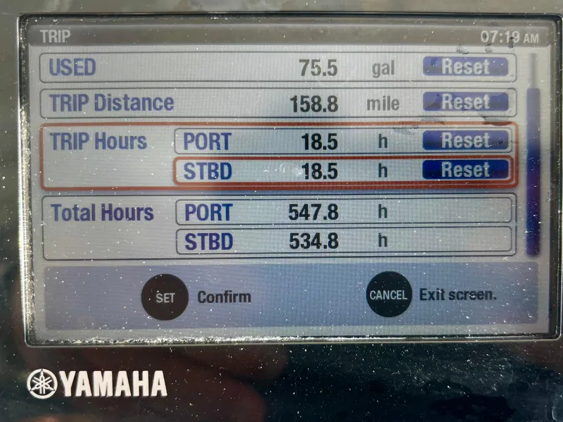 Slide: The Image of Yamaha boat display showing trip data: 75.5 gallons used, 158.8 miles traveled, 18.5 hours port/starboard. - 30