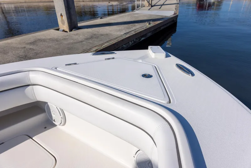 Slide: The Image of Bow of 2018 Jupiter 26 FS boat docked by calm water. - 41