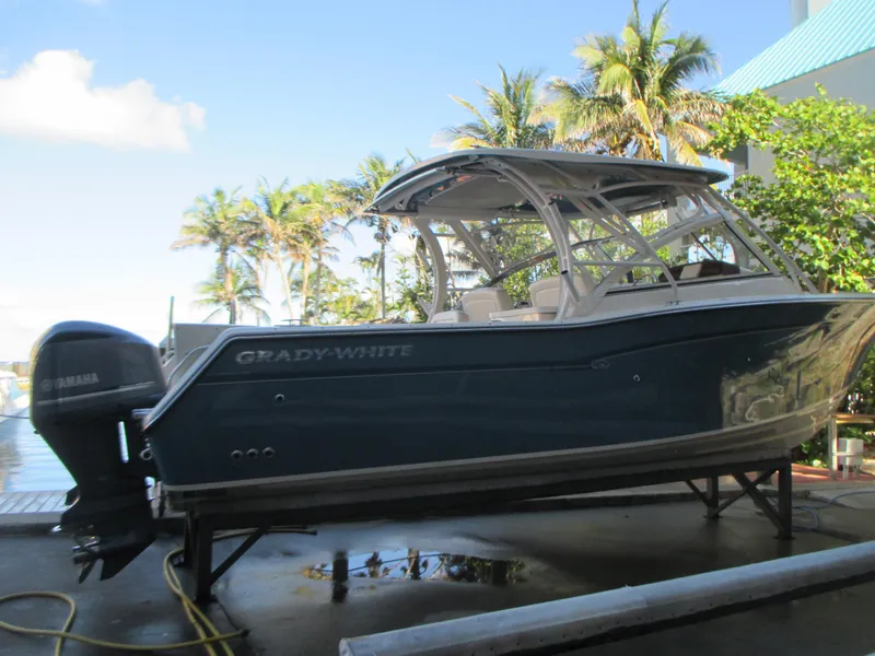 Slide: The Image of 2018 Grady-White Freedom 307 boat on stand, surrounded by tropical trees. - 4