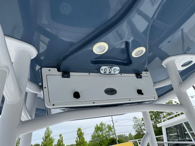 Slide: The Image of 2016 Tidewater 230 LXF boat's overhead console with speakers and lights. - 13