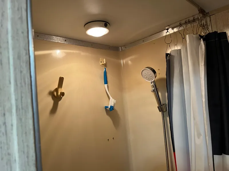Slide: The Image of Shower interior with handheld showerhead, toothbrush, and curtain. - 31