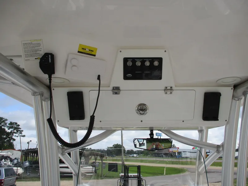 Slide: The Image of 2022 Sea Fox 228 Commander console with radio, speakers, and control panel. - 10