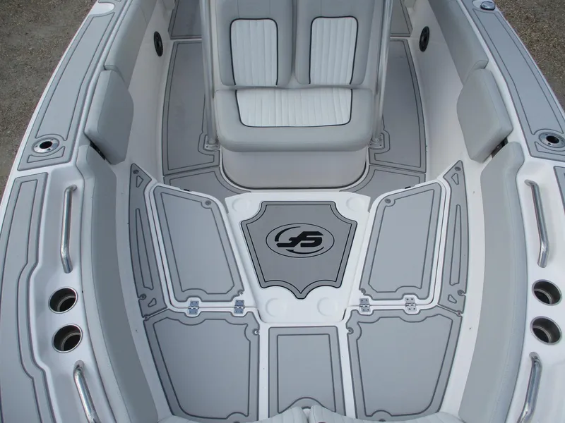 Slide: The Image of 2022 Sea Fox 228 Commander boat interior with cushioned seating and non-slip flooring. - 15