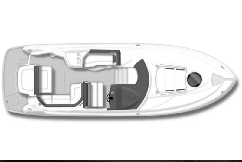 Slide: The Image of Top view of 2022 Monterey 295 Sport Yacht layout, showcasing seating and helm design. - 7