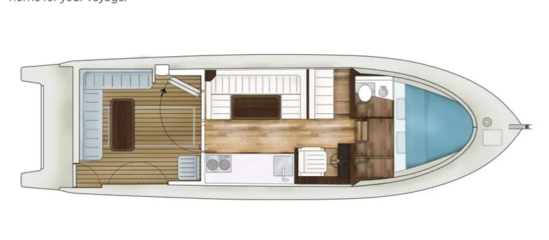 Slide: The Image of 2020 Coastal Craft 33 Express boat layout with cabin, kitchen, and seating areas. - 6