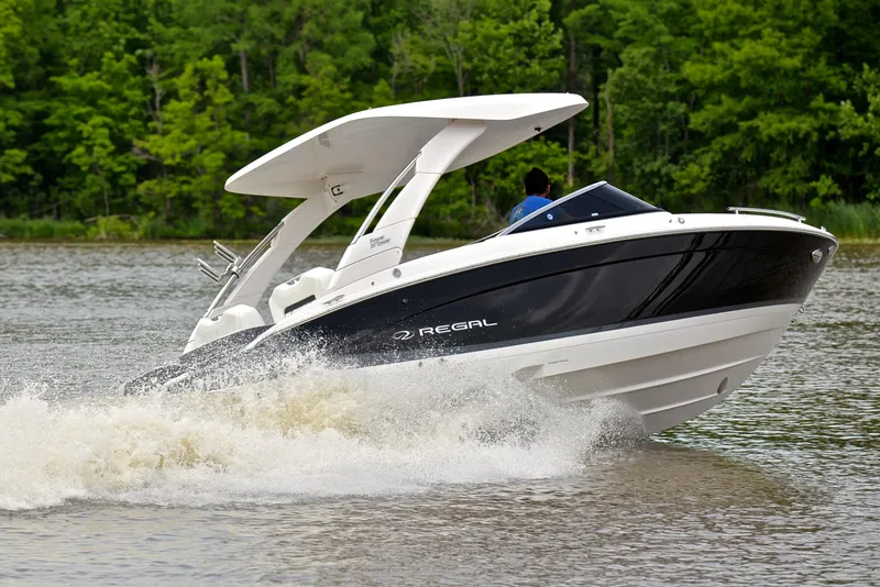 Slide: The Image of 2022 Regal LS4 boat cruising on a lake with lush green trees in the background. - 6