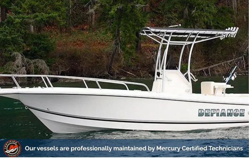 Slide: The Image of 2022 Defiance Commander boat on water, maintained by Mercury Certified Technicians. - 18