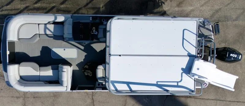 Slide: The Image of 2025 Godfrey Monaco Sundeck 235 SD pontoon boat, aerial view, featuring spacious seating and slide. - 19
