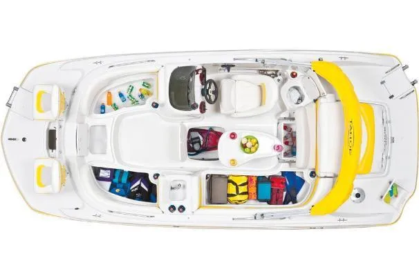 Slide: The Image of Overhead view of a 2012 Tahoe 195 boat with yellow accents and organized storage compartments. - 10