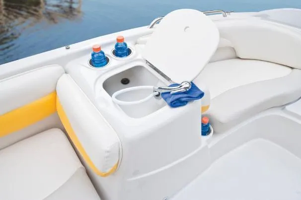 Slide: The Image of 2012 Tahoe 195 boat interior with seating, cooler, and cup holders. - 19