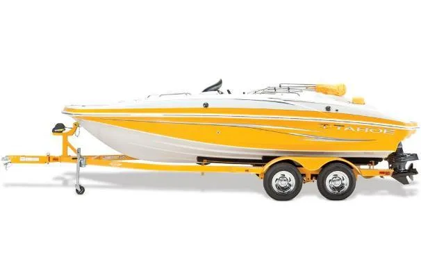 Slide: The Image of 2012 Tahoe 195 boat on trailer, vibrant yellow and white design. - 8
