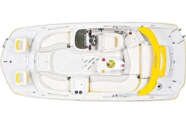 Slide: The Image of Overhead view of a 2012 Tahoe 195 boat with white and yellow seating. - 9