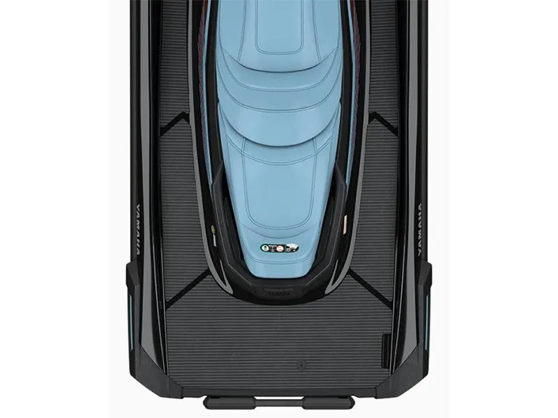 Slide: The Image of 2025 Yamaha Boats VX Cruiser, top view, featuring sleek design and light blue seating. - 4