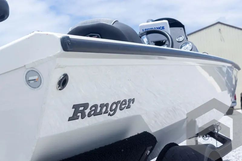 Slide: The Image of 2019 Ranger RT188 boat, close-up view, showcasing sleek design and branding. - 13