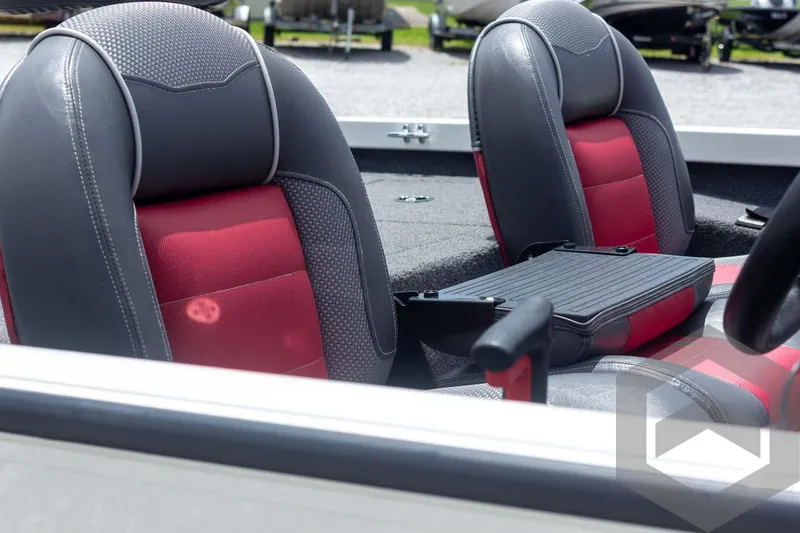Slide: The Image of 2019 Ranger RT188 boat seats, featuring gray and red upholstery, in a sleek, modern design. - 15