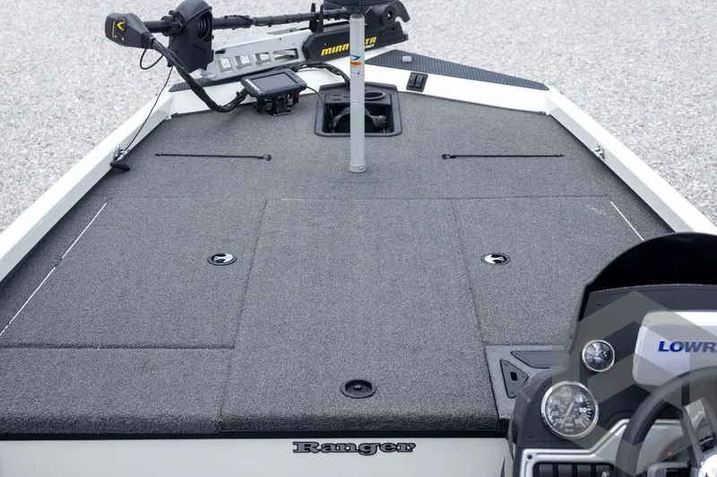 Slide: The Image of 2019 Ranger RT188 boat deck with trolling motor and control panel. - 19