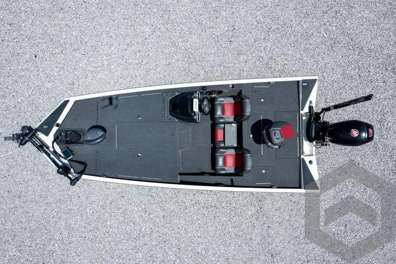 Slide: The Image of 2019 Ranger RT188 fishing boat, aerial view, featuring spacious deck and seating. - 37