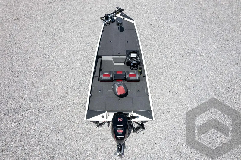 Slide: The Image of 2019 Ranger RT188 fishing boat, aerial view, showcasing deck layout and motor. - 45