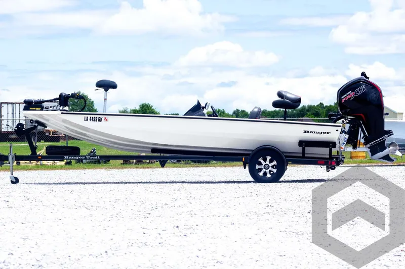 Slide: The Image of 2019 Ranger RT188 boat on trailer, parked outdoors under a blue sky. - 8