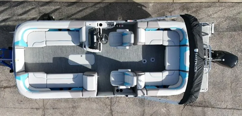 Slide: The Image of 2025 Godfrey Sweetwater 2286 SB pontoon boat, top view, spacious seating, modern design. - 12