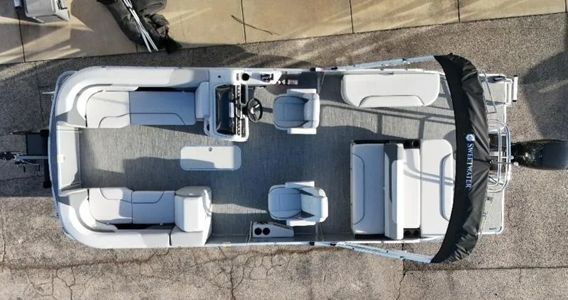 Slide: The Image of 2025 Godfrey Sweetwater 2286 SFLC pontoon boat, top view, spacious seating, modern design. - 14