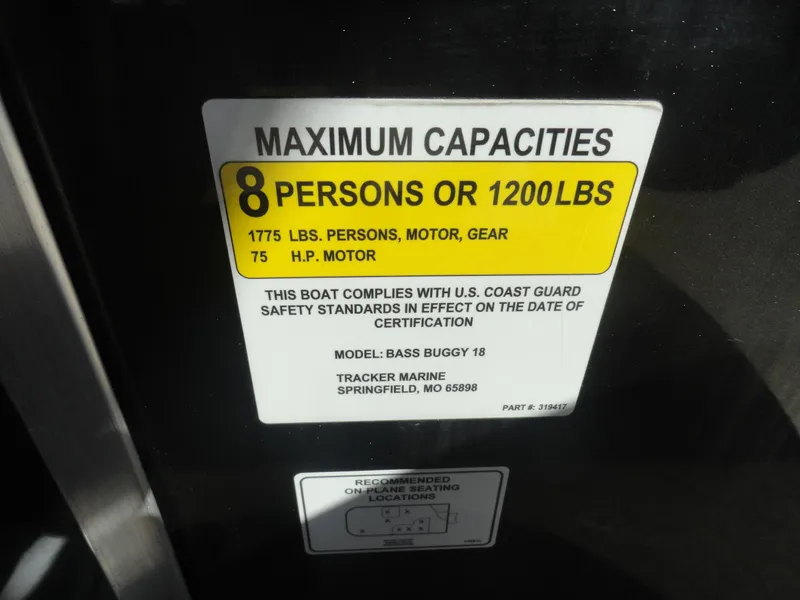 Slide: The Image of 2019 Sun Tracker Bass Buggy 18 DLX capacity label, 8 persons or 1200 lbs, 75 HP motor. - 10