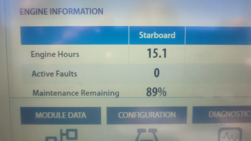 Slide: The Image of Engine information display for 2019 Sun Tracker Bass Buggy 18 DLX, showing 15.1 hours, no faults. - 24